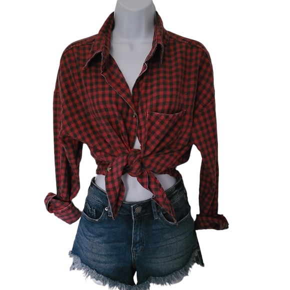Brandy Melville Distressed Red Buffalo Check Plaid Button Down Flannel O… - Picture 5 of 9